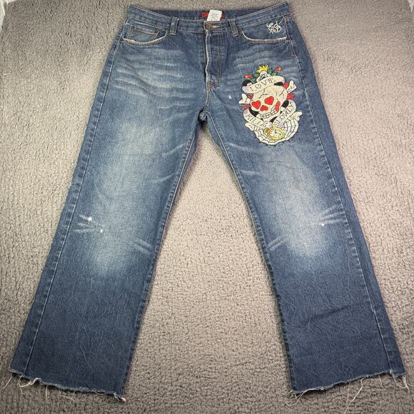 Vintage Y2K Ed Hardy Jeans 38x30 Christian Audigier Embroidered Skull Baggy - Picture 2 of 16